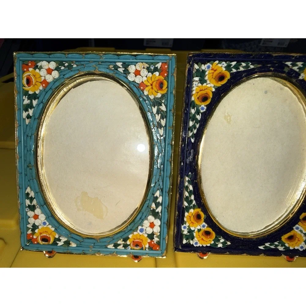 Lot Of 2 Vintage Italian‎ Micro Mosaic Millefiori Mini Floral Photo Frames